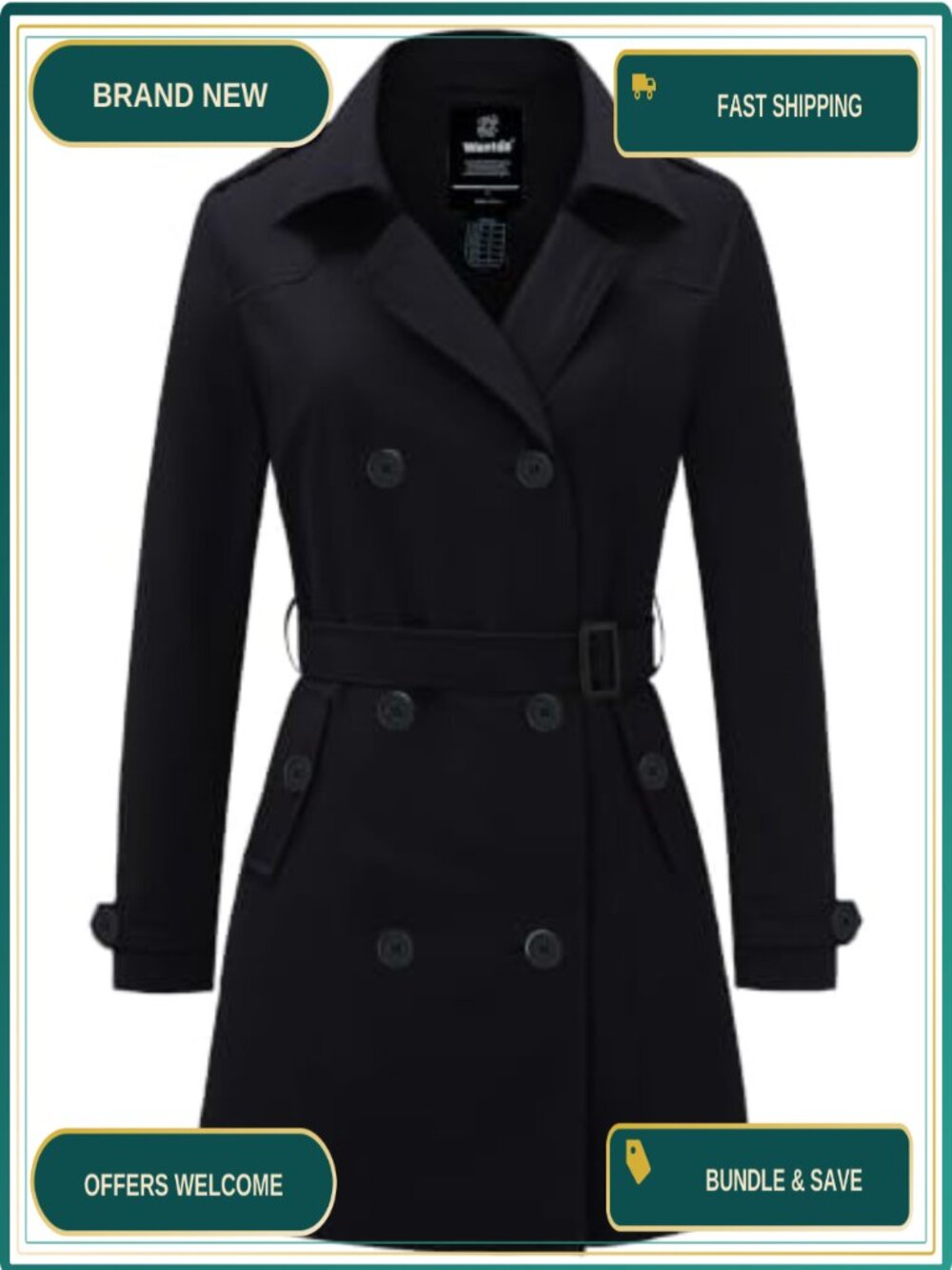 Women's Double-Breasted Trench Coat with Belt, Water Repellent